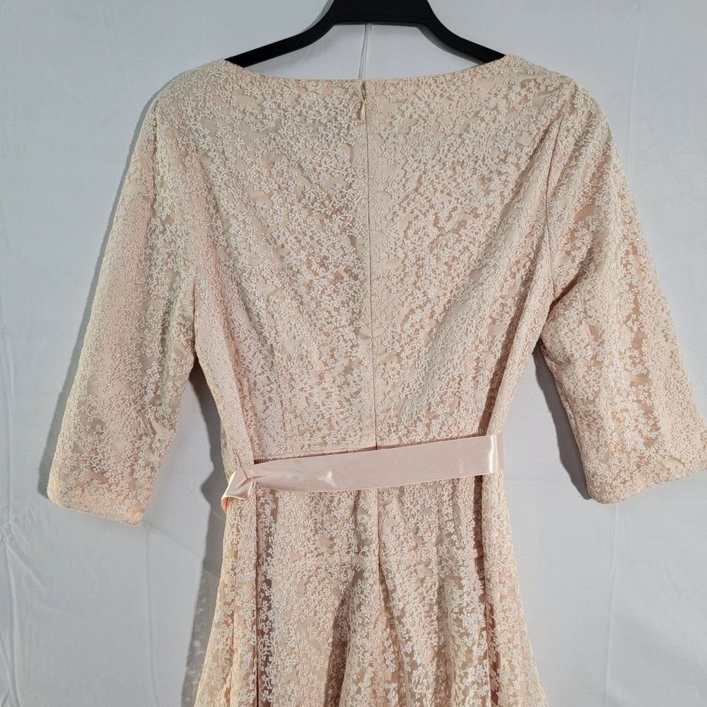 Tahari Arthur Levine Peach Lace Rayon Blend 3/4 Sleeve Knee Length Ribbon Dress - Picture 5 of 10